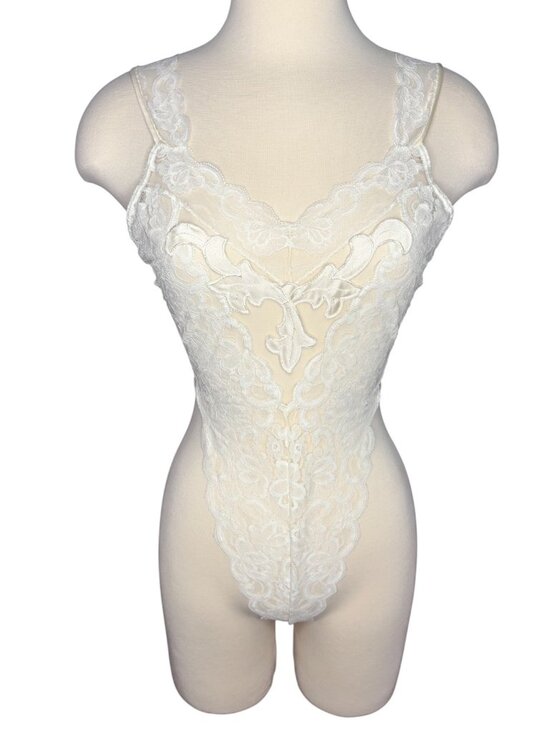 Victoria's Secret Other - Vintage Victoria's Secret Lace Sheer White Teddy Bodysuit Thong Lingerie S/P